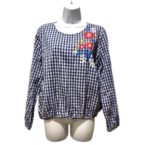 Cherish Tops - Cherish Gingham Floral Embroidered Top Blue Check — Fits Medium